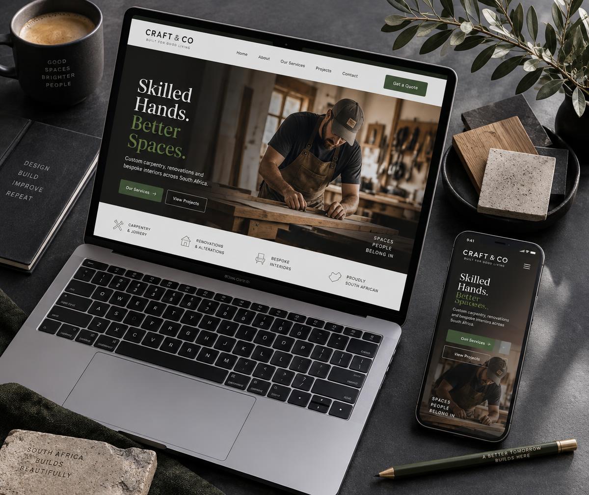 Illustrative business website on a laptop and smartphone, with coordinated materials on a desk