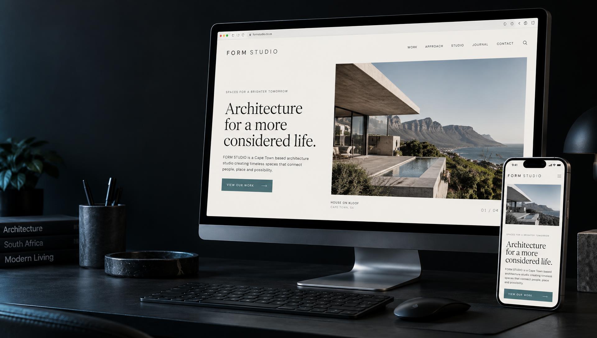 Illustrative professional business website displayed on a desktop monitor and matching phone